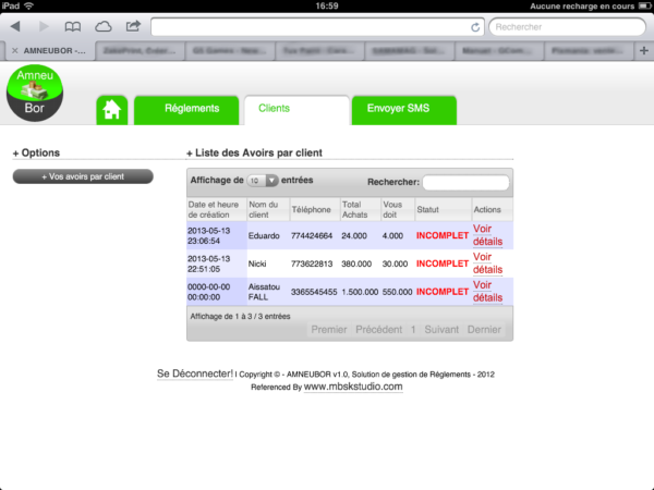 Amneubor-Vue sur Ipad- historique des transactions clientes